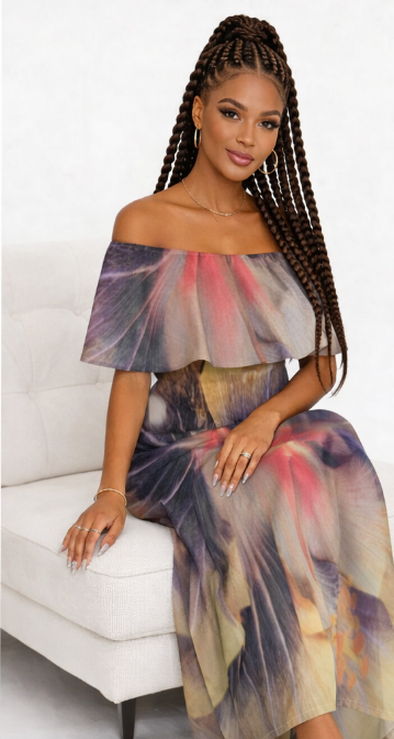 Rich and Rich Women's  Off Shoulder Exotic Multicolor Purple Flower Dress