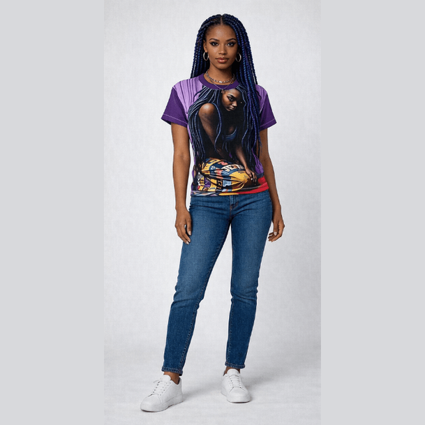 Women's purple T-shirt with bold 'Worth' all-over graphic print — alternate view