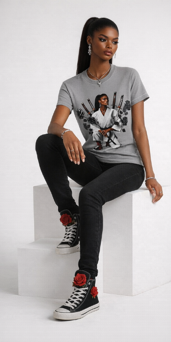 Rich and Rich Empowered Women’s Grey Tee - Samurai Style Graphic Shirt