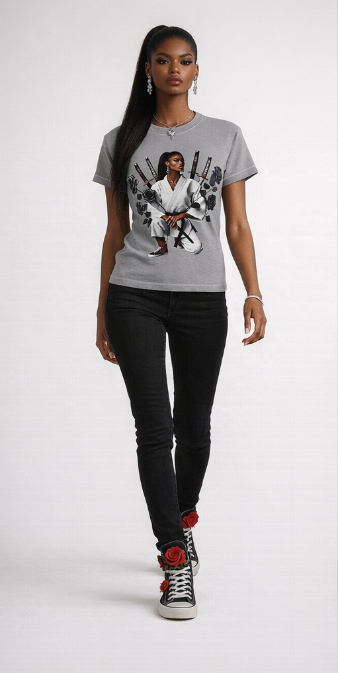 Rich and Rich Empowered Women’s Grey Tee - Samurai Style Graphic Shirt