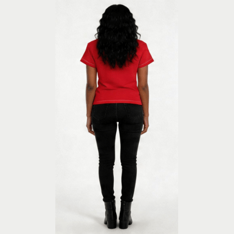 Women's vibrant red all-over graphic T-shirt with bold printed design — rear view