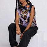 Purple abstract sleeveless women's hoodie with drawstring hood and kangaroo pocket — alternate view