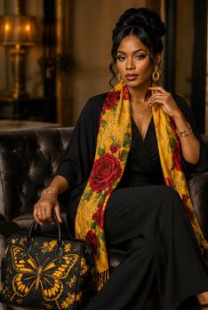 Rich and Rich Golden Rose and Leaves Women's Designer Tassel Scarf