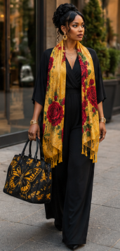 Rich and Rich Golden Rose and Leaves Women's Designer Tassel Scarf