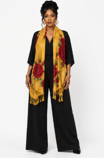 Mustard-hued scarf with golden roses and leaves print and tassel fringe — side view
