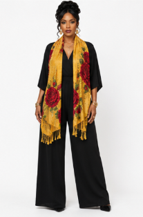 Rich and Rich Golden Rose and Leaves Women's Designer Tassel Scarf