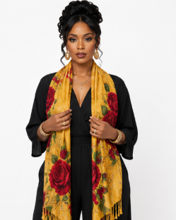 Rich and Rich Golden Rose and Leaves Women's Designer Tassel Scarf