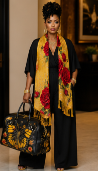 Rich and Rich Golden Rose and Leaves Women's Designer Tassel Scarf