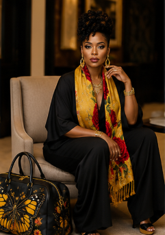 Rich and Rich Golden Rose and Leaves Women's Designer Tassel Scarf