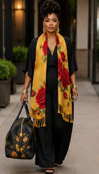 Rich and Rich Golden Rose and Leaves Women's Designer Tassel Scarf