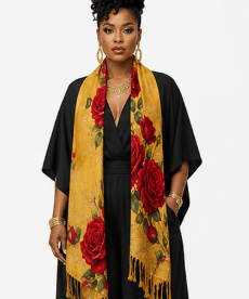 Mustard-hued scarf with golden roses and leaves print and tassel fringe