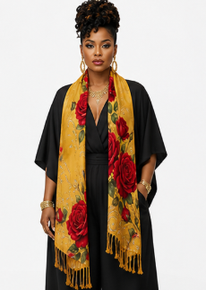 Rich and Rich Golden Rose and Leaves Women's Designer Tassel Scarf