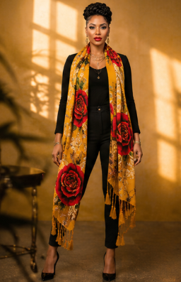 Rich and Rich Golden Rose and Leaves Women's Designer Tassel Scarf