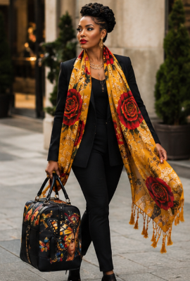 Rich and Rich Golden Rose and Leaves Women's Designer Tassel Scarf