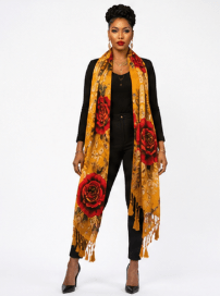 Mustard-hued scarf with golden roses and leaves print and tassel fringe — additional view 12