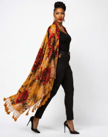 Mustard-hued scarf with golden roses and leaves print and tassel fringe — additional view 13