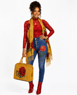 Mustard yellow designer scarf with large crimson roses, gold vine detailing and tassel fringe