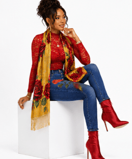 Mustard yellow designer scarf with large crimson roses, gold vine detailing and tassel fringe — alternate view