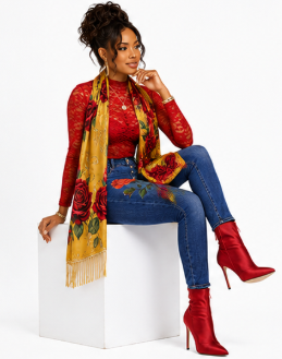 Rich and Rich Women's Golden Rose Elegance Designer Tassel Scarf | Luxury Mustard Yellow Rose Fashion Wrap