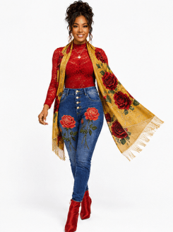 Mustard yellow designer scarf with large crimson roses, gold vine detailing and tassel fringe — product detail