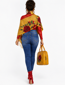 Rich and Rich Women's Golden Rose Elegance Designer Tassel Scarf | Luxury Mustard Yellow Rose Fashion Wrap