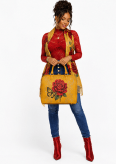 Mustard yellow designer scarf with large crimson roses, gold vine detailing and tassel fringe — rear view