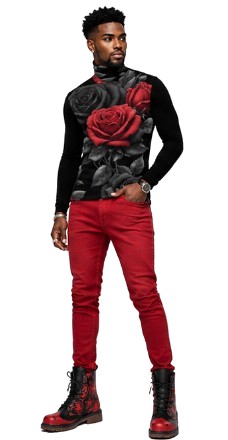 Rich and Rich BlackRedRose Men's Black Turtleneck | Designer Slim-Fit Roll Neck Shirt