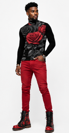 Rich and Rich BlackRedRose Men's Black Turtleneck | Designer Slim-Fit Roll Neck Shirt