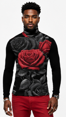 Rich and Rich BlackRedRose Men's Black Turtleneck | Designer Slim-Fit Roll Neck Shirt