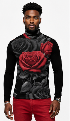 Rich and Rich BlackRedRose Men's Black Turtleneck | Designer Slim-Fit Roll Neck Shirt