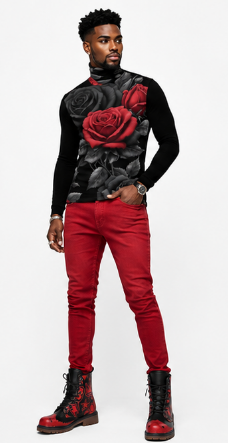 Rich and Rich BlackRedRose Men's Black Turtleneck | Designer Slim-Fit Roll Neck Shirt