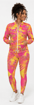 Yellow and pink geometric printed women's zipper jacket with matching high-waist leggings