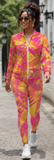 Yellow and pink geometric printed women's zipper jacket with matching high-waist leggings — product detail