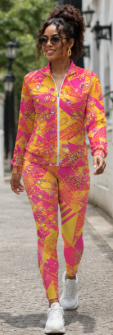 Yellow and pink geometric printed women's zipper jacket with matching high-waist leggings — product detail