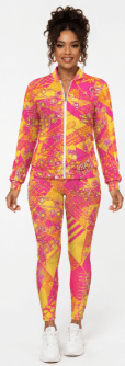 Yellow and pink geometric printed women's zipper jacket with matching high-waist leggings — rear view