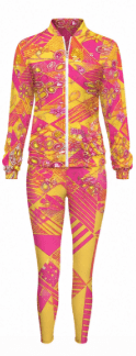 Yellow and pink geometric printed women's zipper jacket with matching high-waist leggings — additional view 6