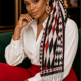Harlequin pattern tassel scarf in imitation cashmere with fine hem and fringe — side view