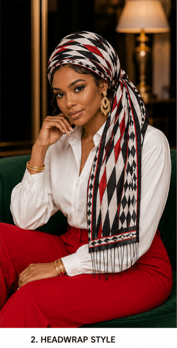 Harlequin pattern tassel scarf in imitation cashmere with fine hem and fringe — side view
