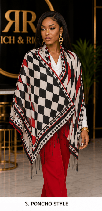 Harlequin pattern tassel scarf in imitation cashmere with fine hem and fringe — rear view