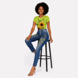 Lime green tee with oversized sunflower print paired with embroidered denim jeans — alternate view