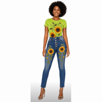 Lime green tee with oversized sunflower print paired with embroidered denim jeans — side view