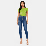 Lime green tee with crescent moon and constellation print paired with denim embroidered with stars and mo — additional view 6
