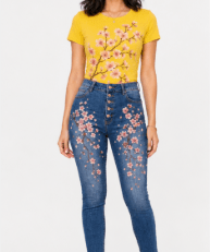 Sunflower yellow tee with pink cherry blossom branches paired with high-waist denim embroidered with sakura — alternate view