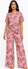 Rich & Rich Women's Pink Music Roses Side-Tie Top & Wide-Leg Pants Set