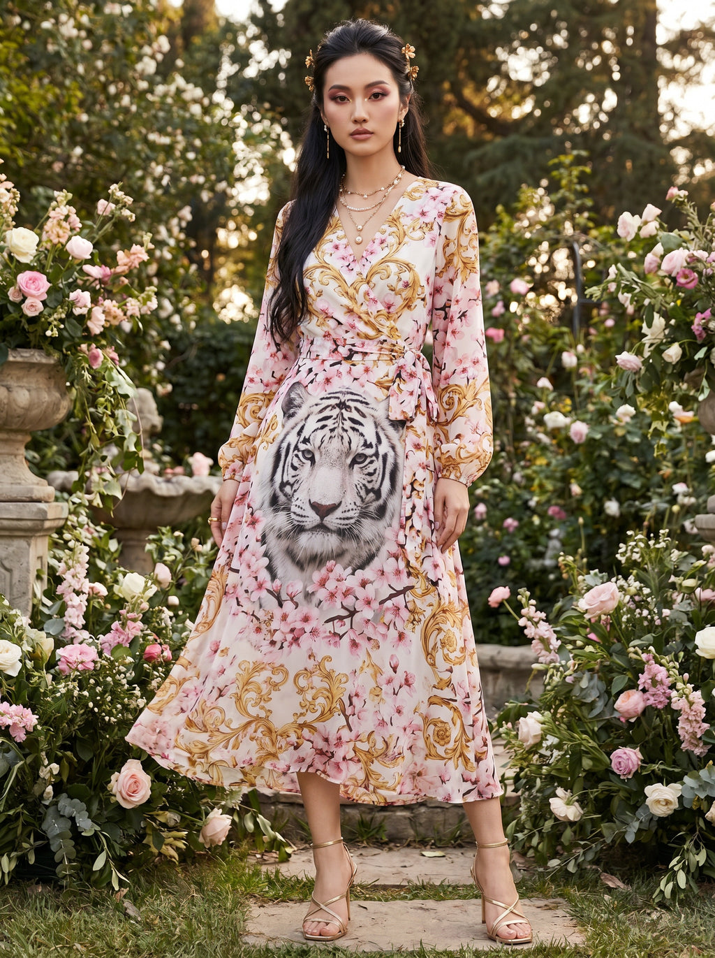 Japanese model in garden wearing White Tiger Cherry Blossom All-Over Print Wrap Midi Dress