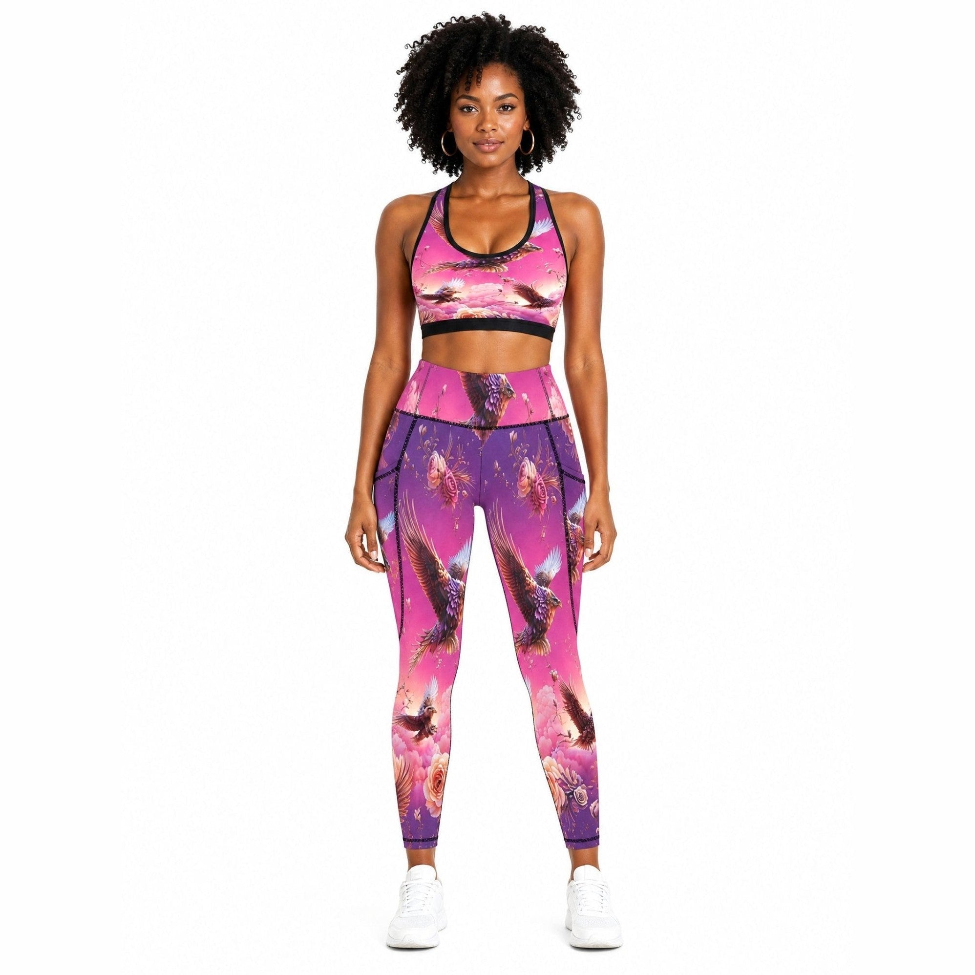 Pink nature-inspired women’s leggings with two side pockets and all-over botanical print — additional view 8