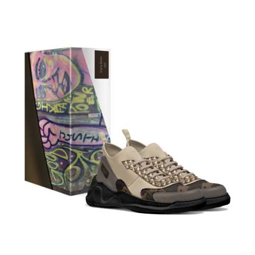 Chunky sock-style men's sneaker with sculpted rubber sole, scuba fabric upper and embossed leather inserts
