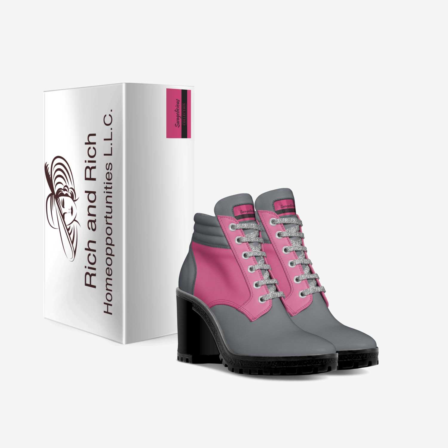 Pink and gray women's boot with 3.3-inch heel and derby lacing