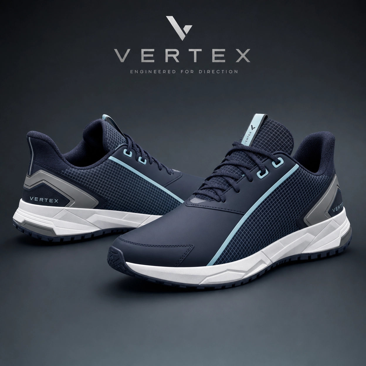 Vertex Axis Split Sneaker in navy with silver geometric Vertex menswear design