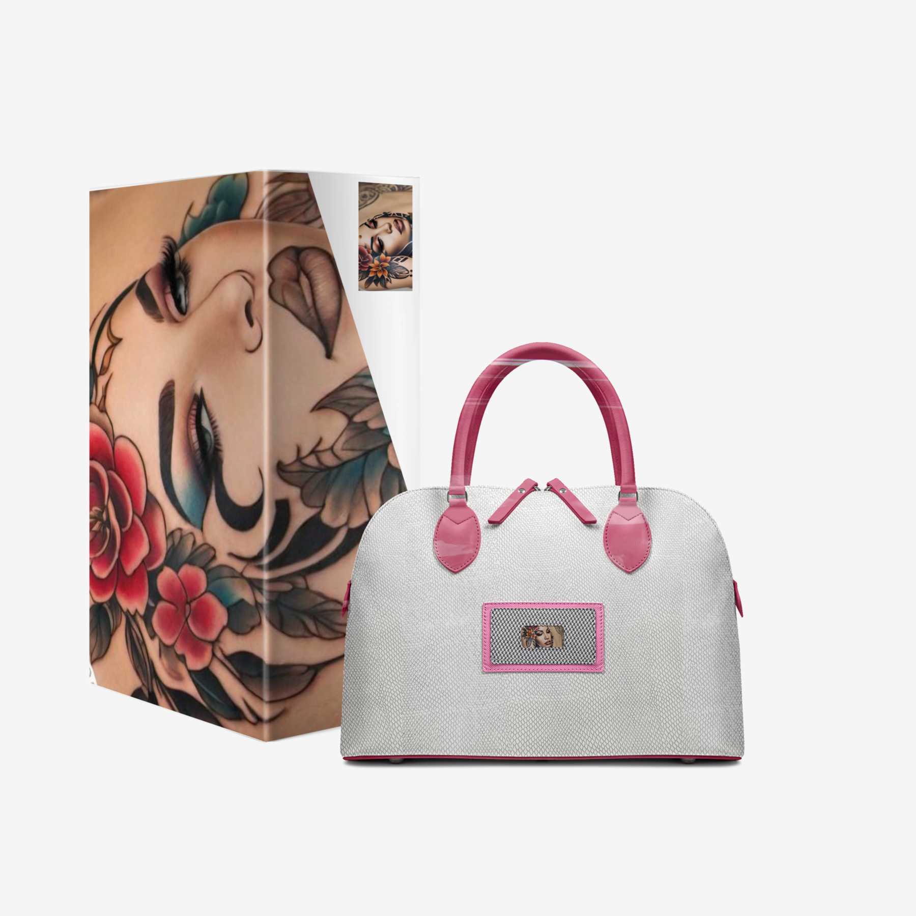 Pink and white structured leather handbag with tattoo-inspired artwork and dual handles — additional view 17